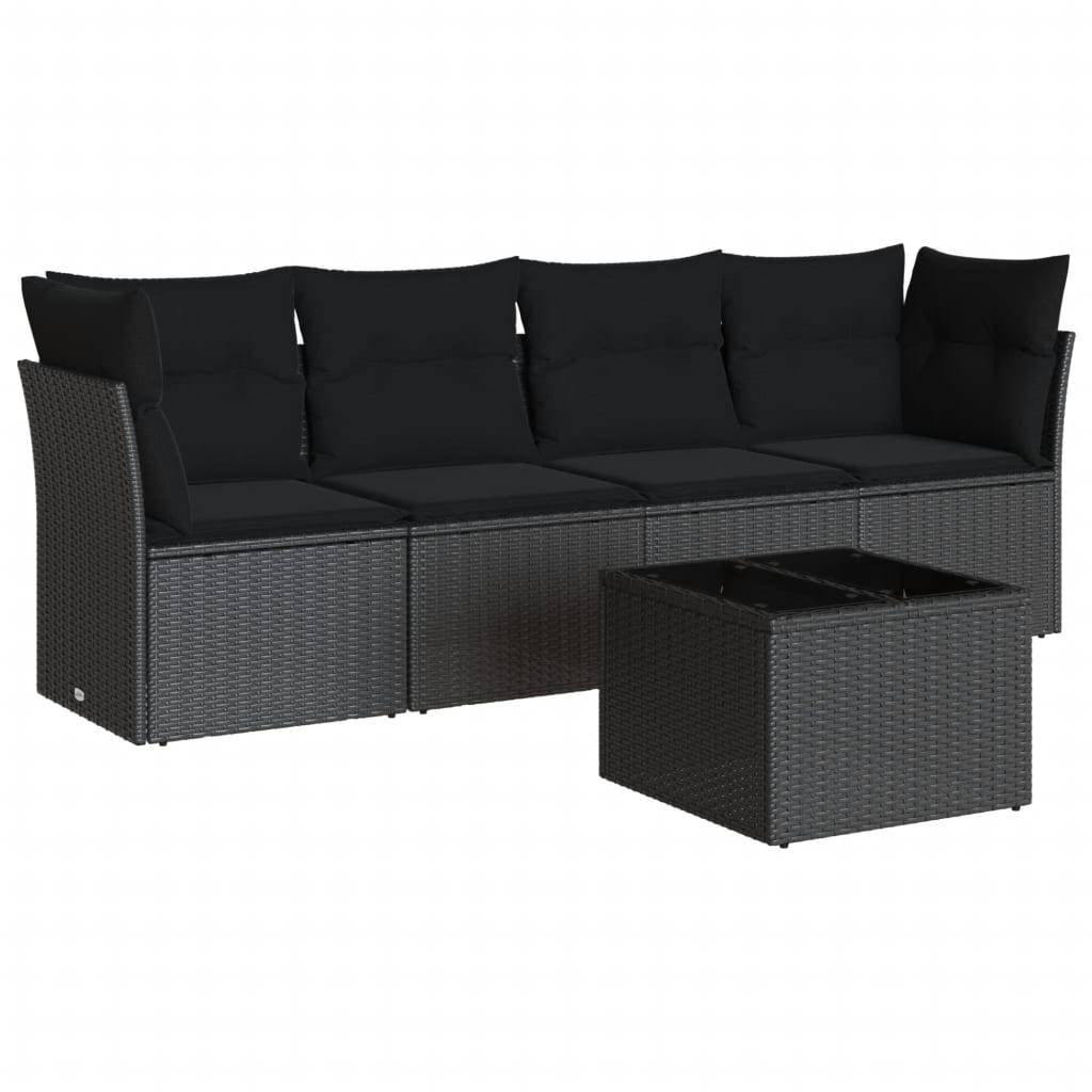 vidaXL 5-tlg. Garten-Sofagarnitur mit Kissen Schwarz Poly Rattan