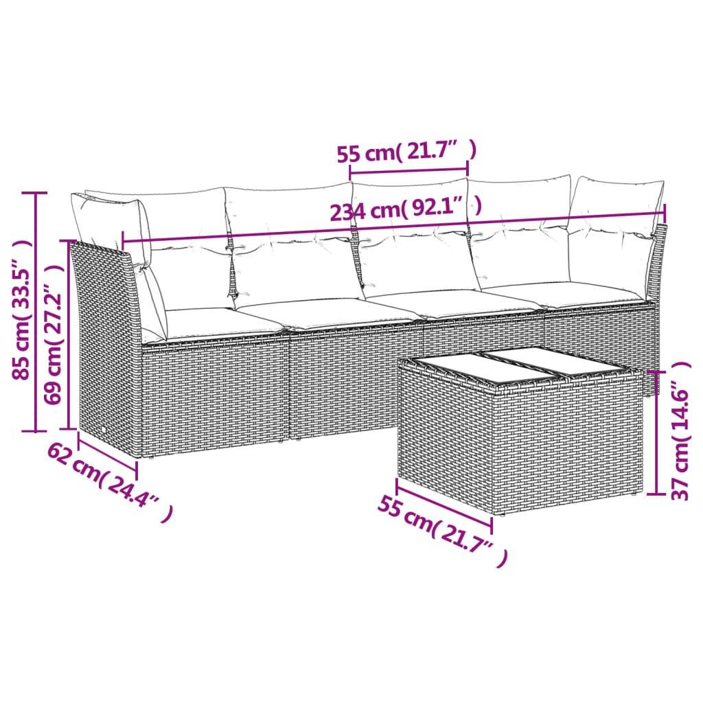 vidaXL 5-tlg. Garten-Sofagarnitur mit Kissen Grau Poly Rattan