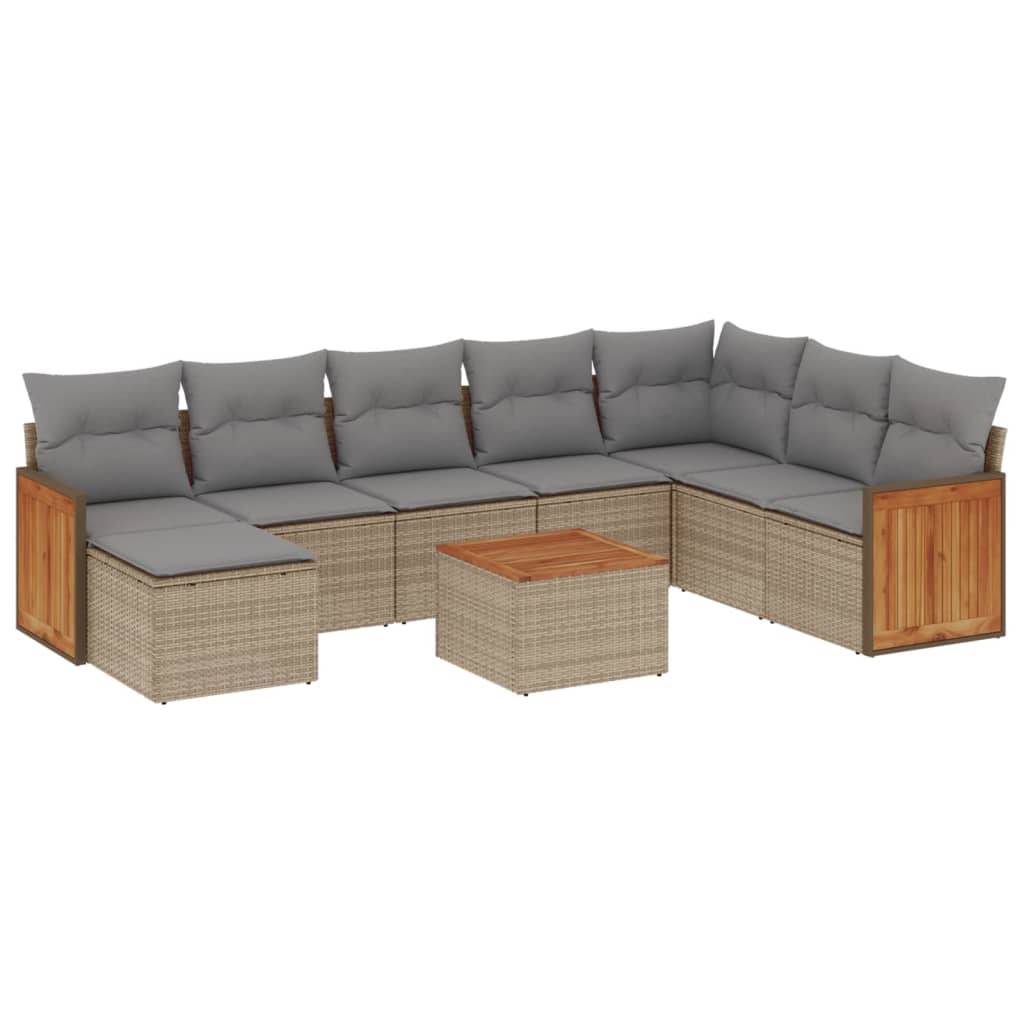 vidaXL 9-tlg. Garten-Sofagarnitur mit Kissen Beige Poly Rattan