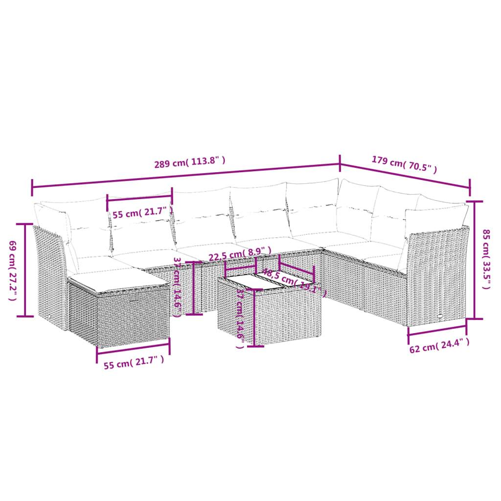 vidaXL 9-tlg. Garten-Sofagarnitur mit Kissen Schwarz Poly Rattan