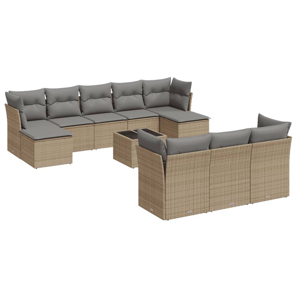 vidaXL 11-tlg. Garten-Sofagarnitur mit Kissen Beige Poly Rattan