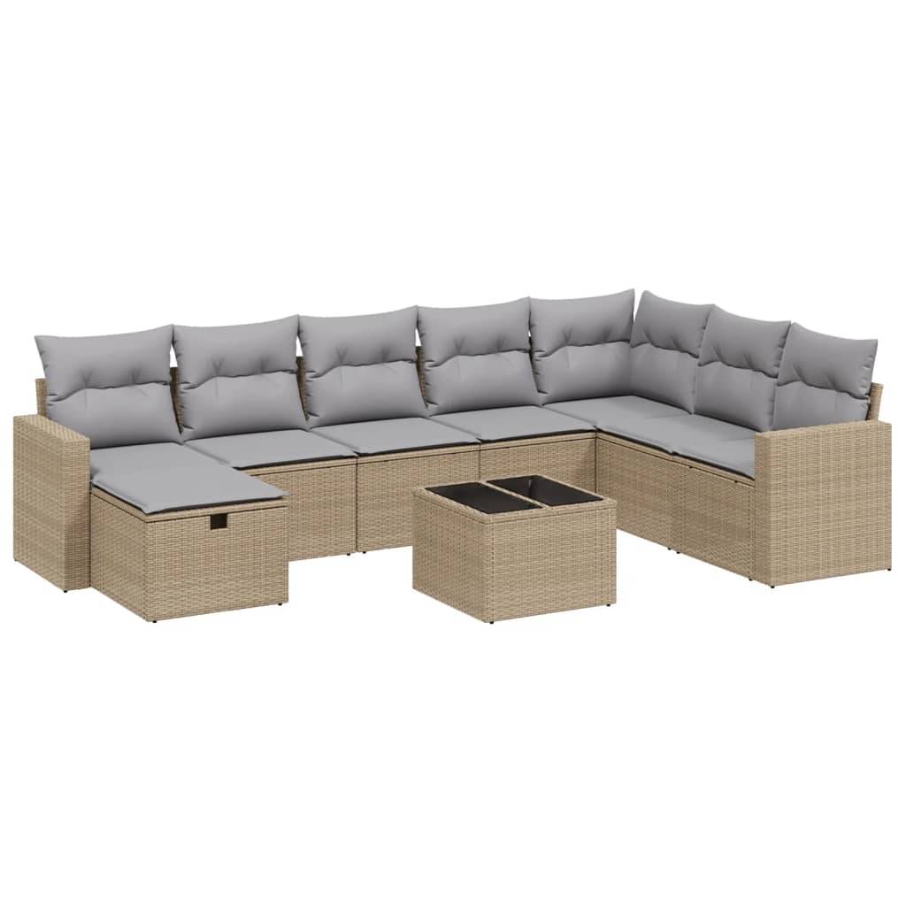 vidaXL 9-tlg. Garten-Sofagarnitur mit Kissen Beige Poly Rattan