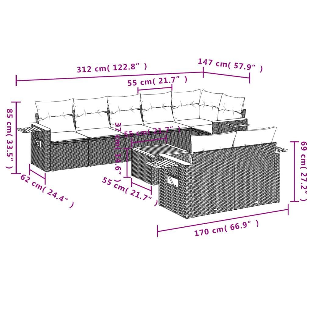 vidaXL 9-tlg. Garten-Sofagarnitur mit Kissen Beige Poly Rattan