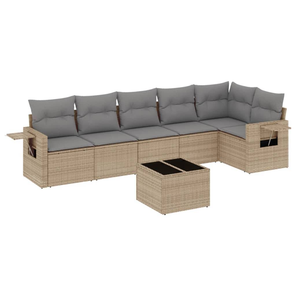 vidaXL 7-tlg. Garten-Sofagarnitur mit Kissen Beige Poly Rattan