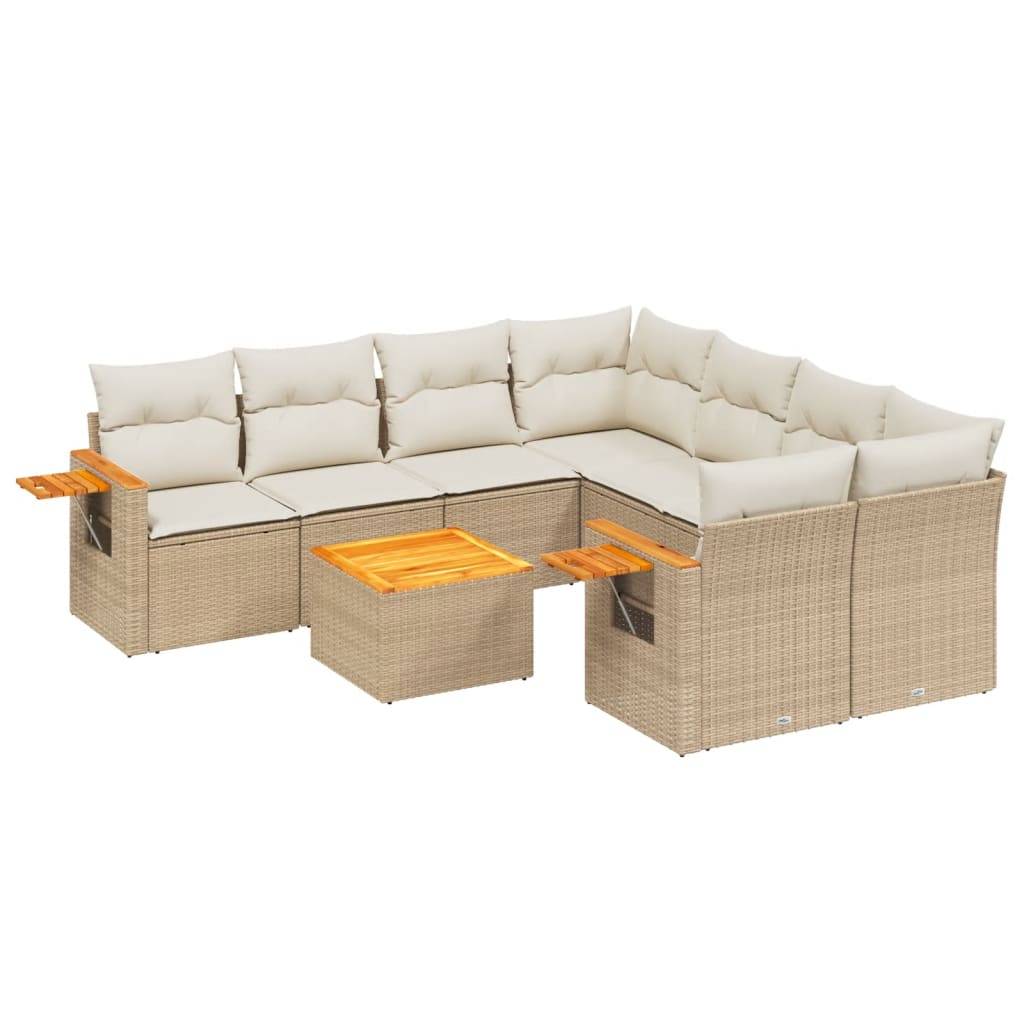 vidaXL 9-tlg. Garten-Sofagarnitur mit Kissen Beige Poly Rattan