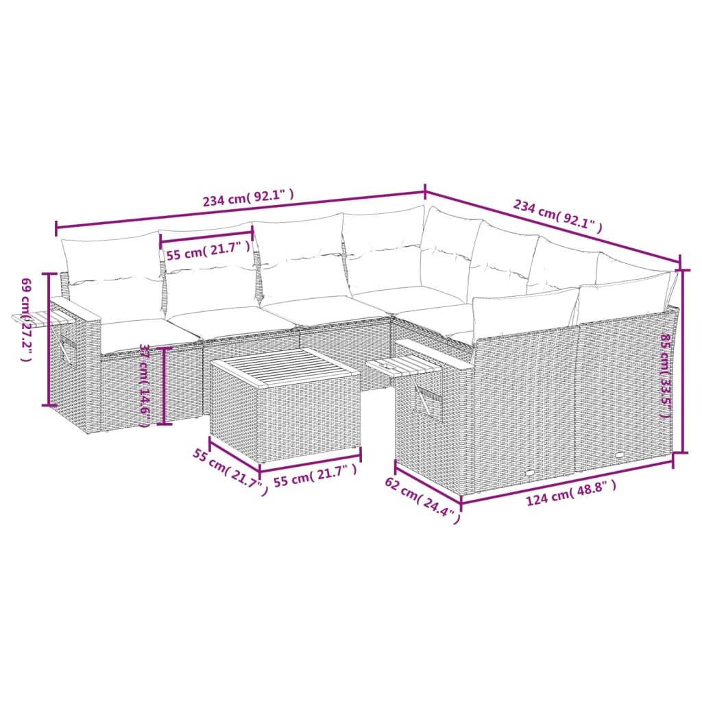 vidaXL 9-tlg. Garten-Sofagarnitur mit Kissen Beige Poly Rattan
