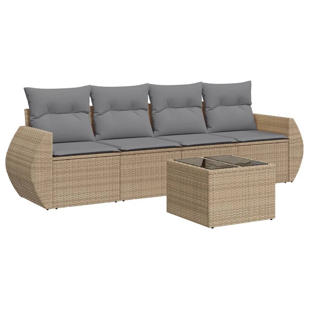vidaXL 5-tlg. Garten-Sofagarnitur mit Kissen Beige Poly Rattan