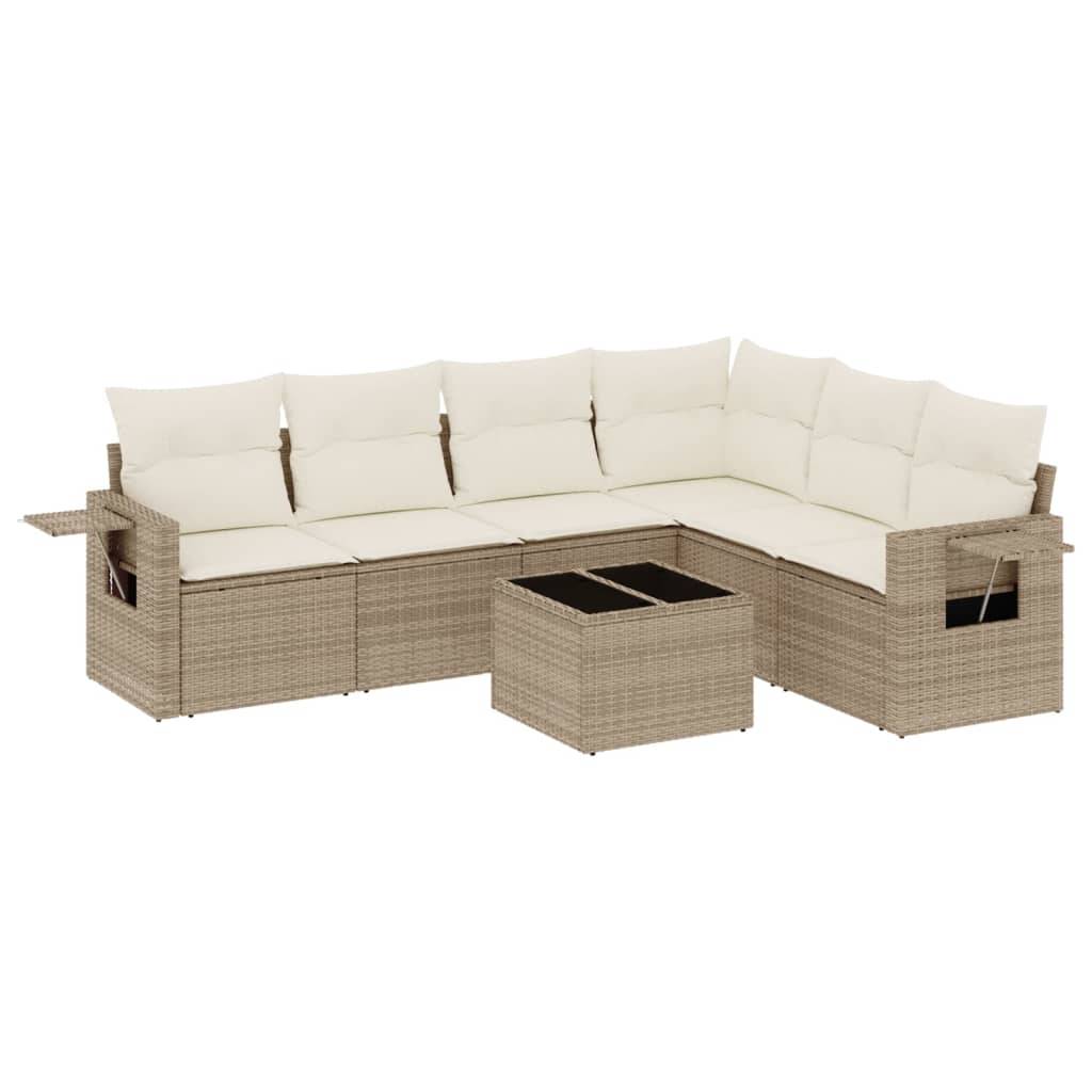 vidaXL 7-tlg. Garten-Sofagarnitur mit Kissen Beige Poly Rattan