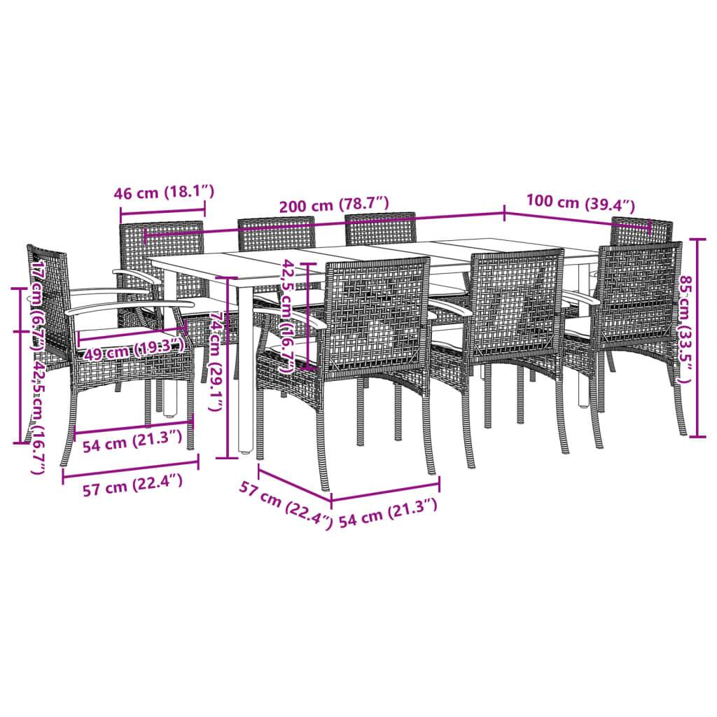vidaXL 9-tlg. Garten-Essgruppe mit Kissen Grau Poly Rattan