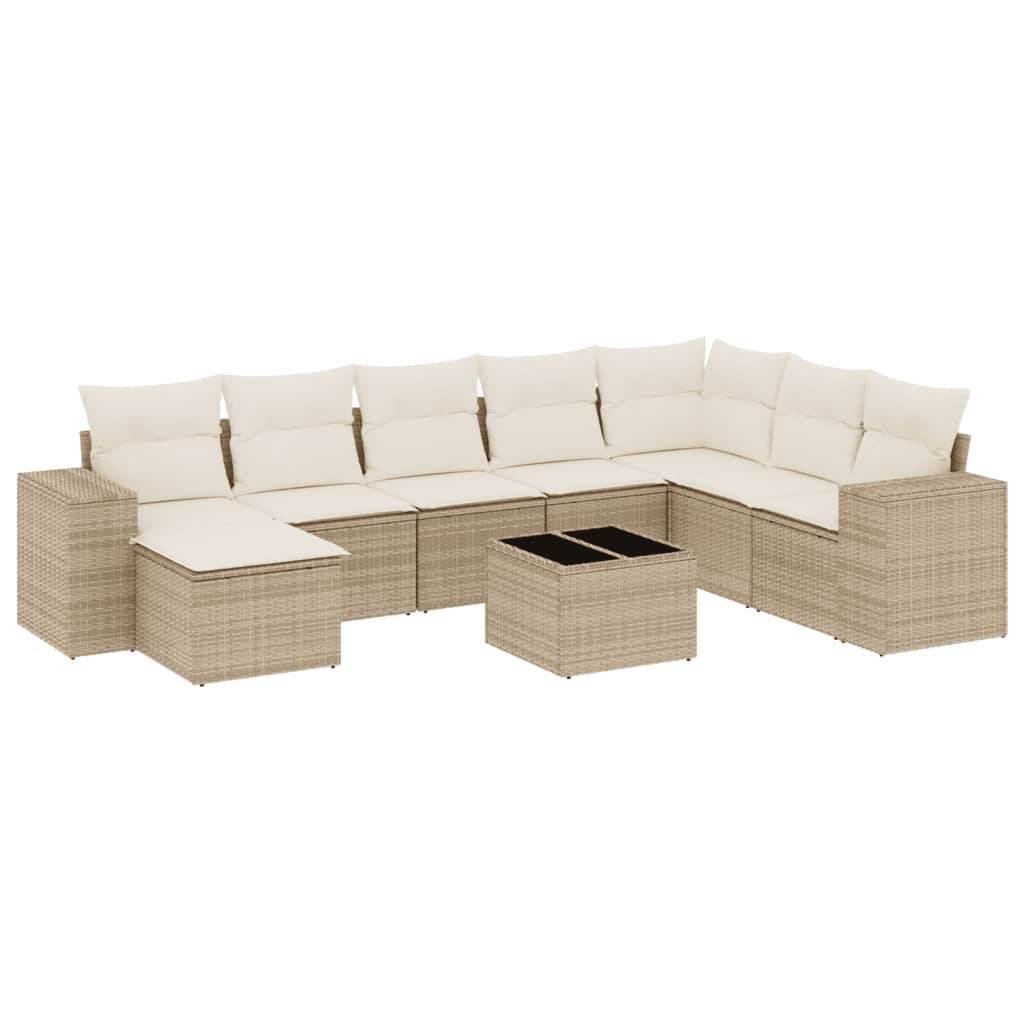 vidaXL 9-tlg. Garten-Sofagarnitur mit Kissen Beige Poly Rattan