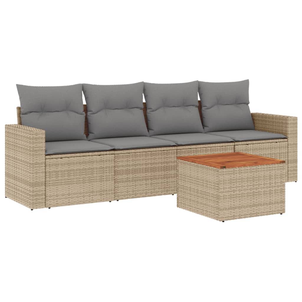 vidaXL 5-tlg. Garten-Sofagarnitur mit Kissen Beige Poly Rattan