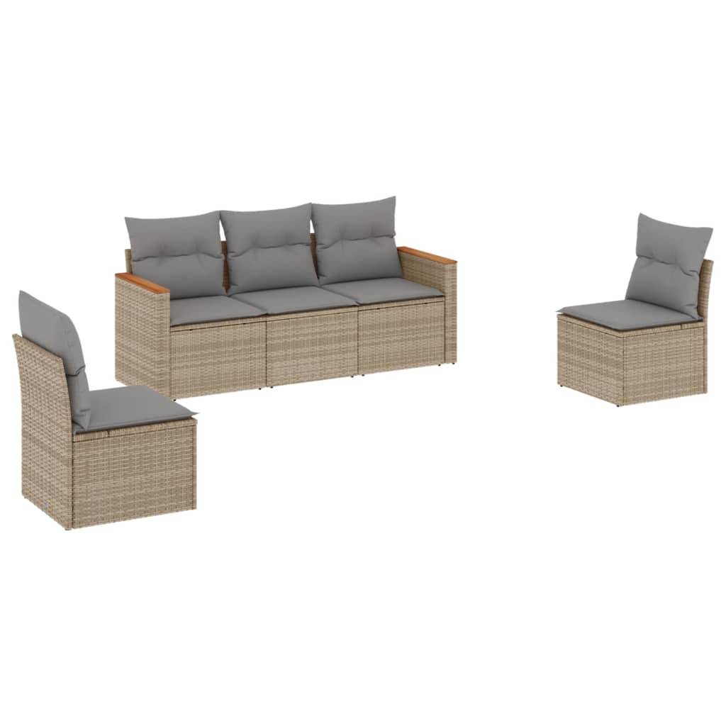 vidaXL 5-tlg. Garten-Sofagarnitur mit Kissen Beige Poly Rattan