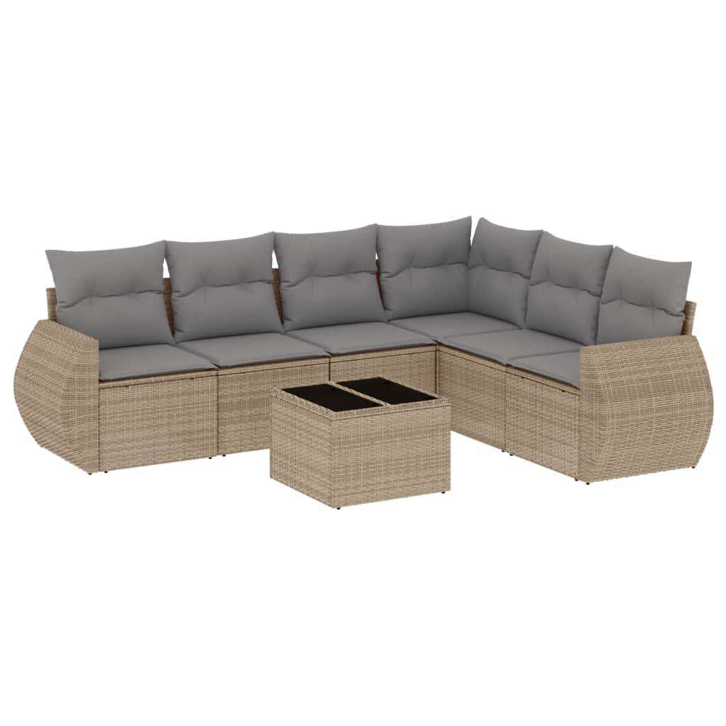 vidaXL 7-tlg. Garten-Sofagarnitur mit Kissen Beige Poly Rattan
