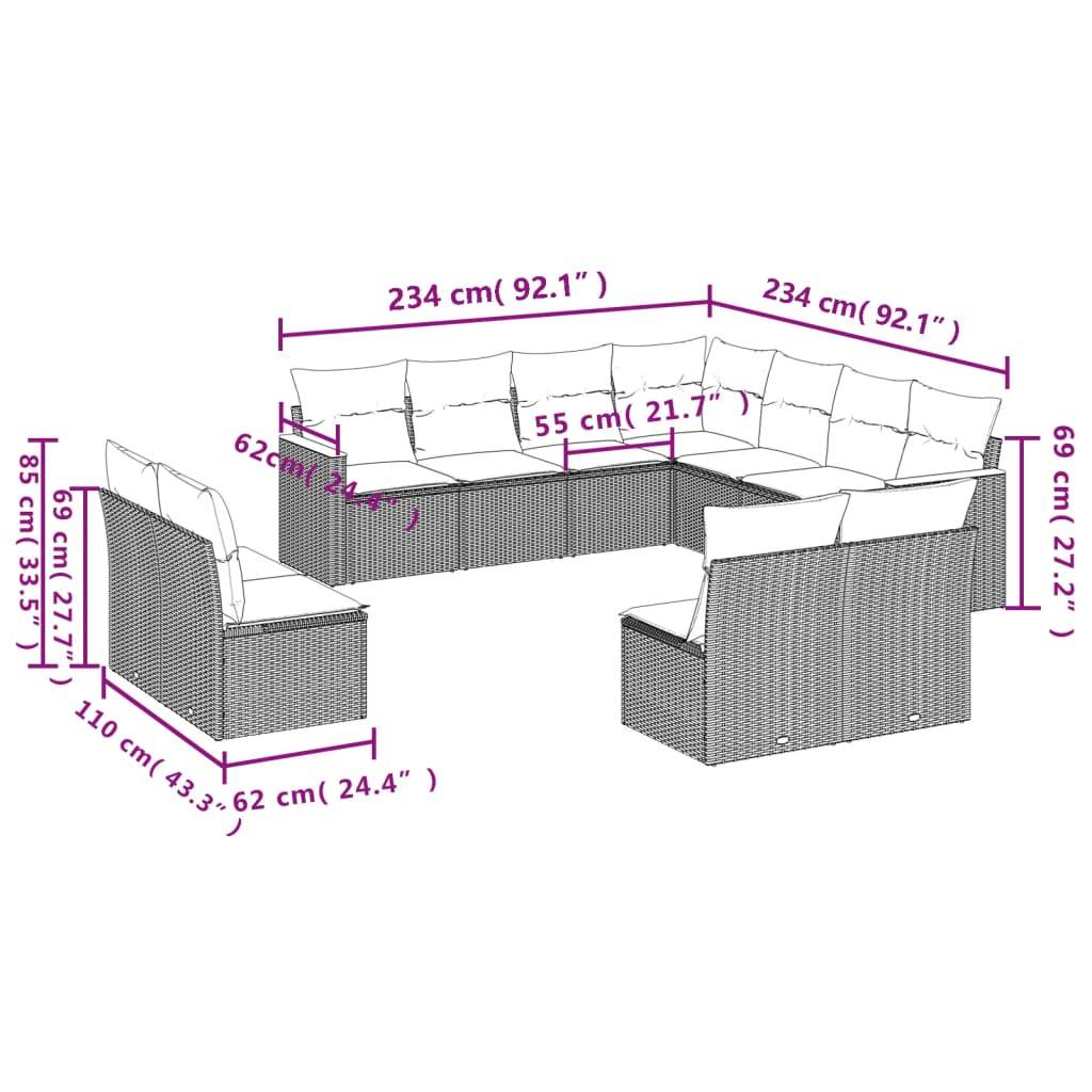 vidaXL 11-teiliges Gartensofa-Set mit Kissen, schwarzes Polyrattan