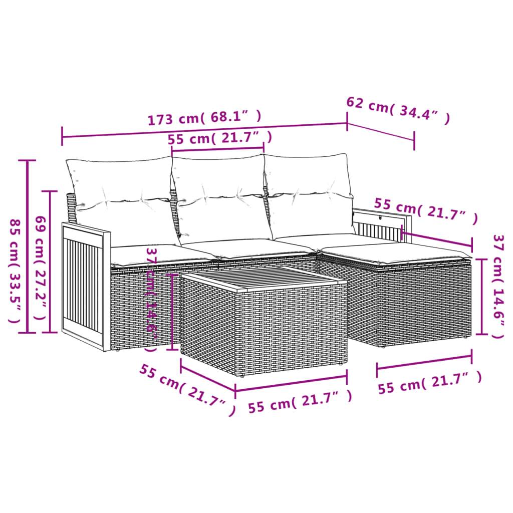 vidaXL 5-teiliges Gartensofa-Set mit Kissen, schwarzes Polyrattan