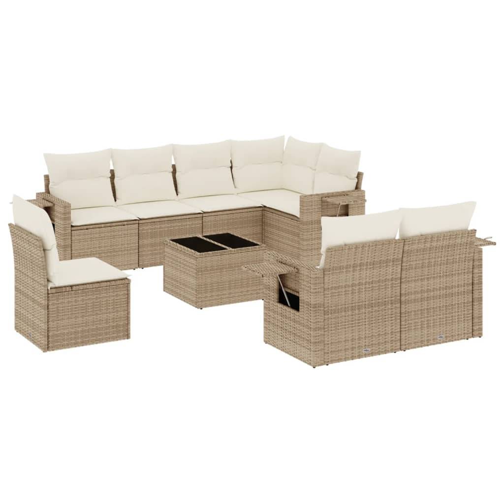 vidaXL 9-tlg. Garten-Sofagarnitur mit Kissen Beige Poly Rattan