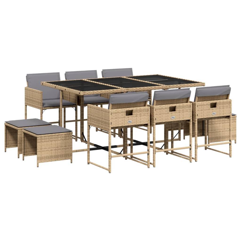 vidaXL 11-tlg. Garten-Essgruppe mit Kissen Beigemischung Poly Rattan