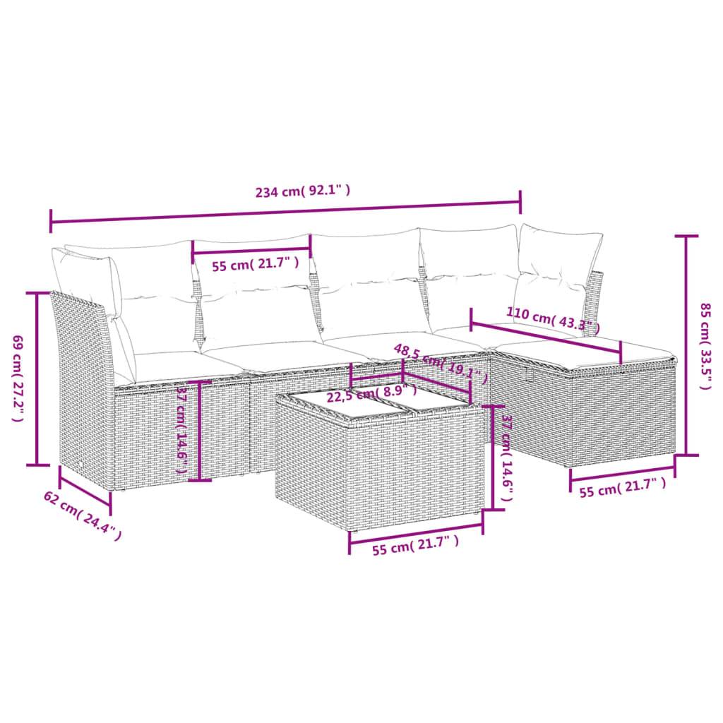 vidaXL 6-tlg. Garten-Sofagarnitur mit Kissen Grau Poly Rattan