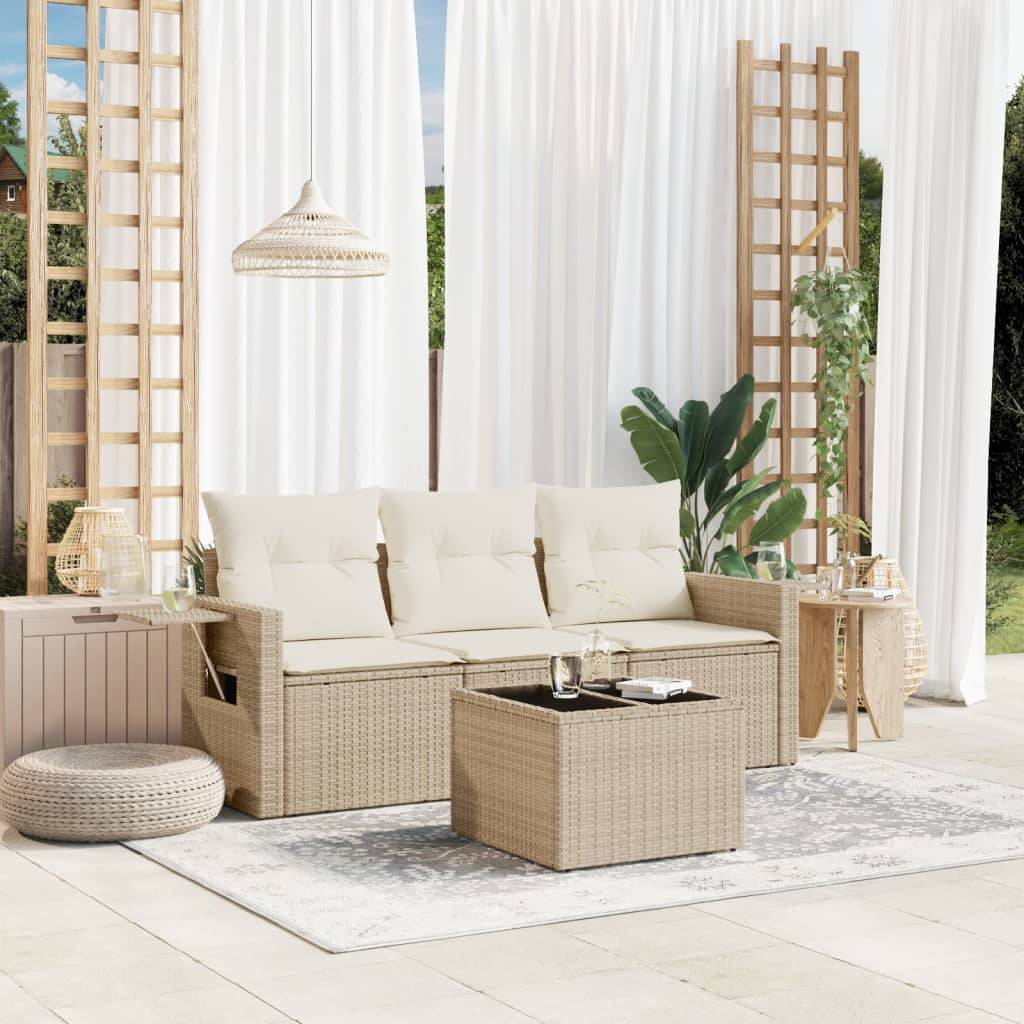 vidaXL 4-tlg. Garten-Sofagarnitur mit Kissen Beige Poly Rattan