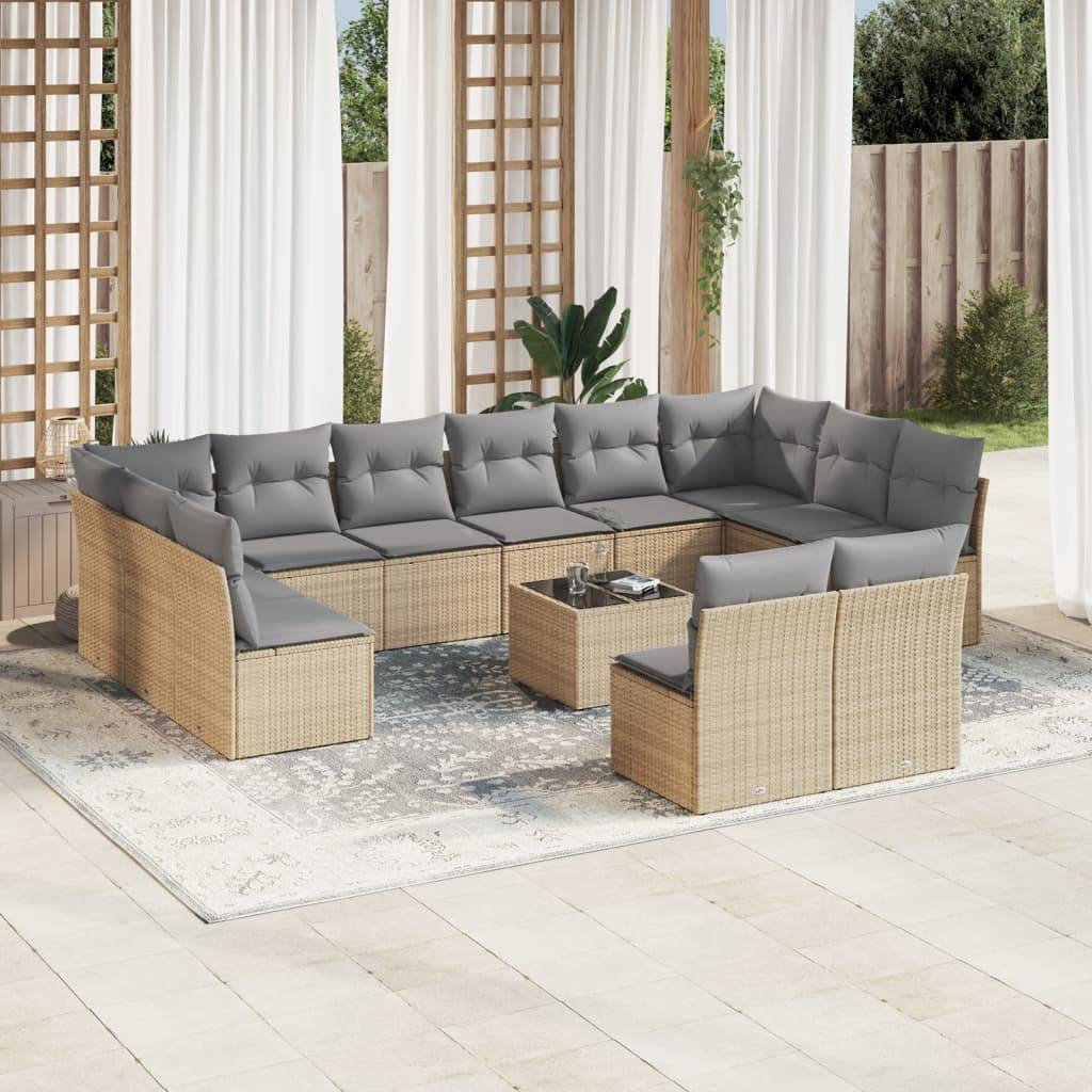 vidaXL 13-tlg. Garten-Sofagarnitur mit Kissen Beige Poly Rattan