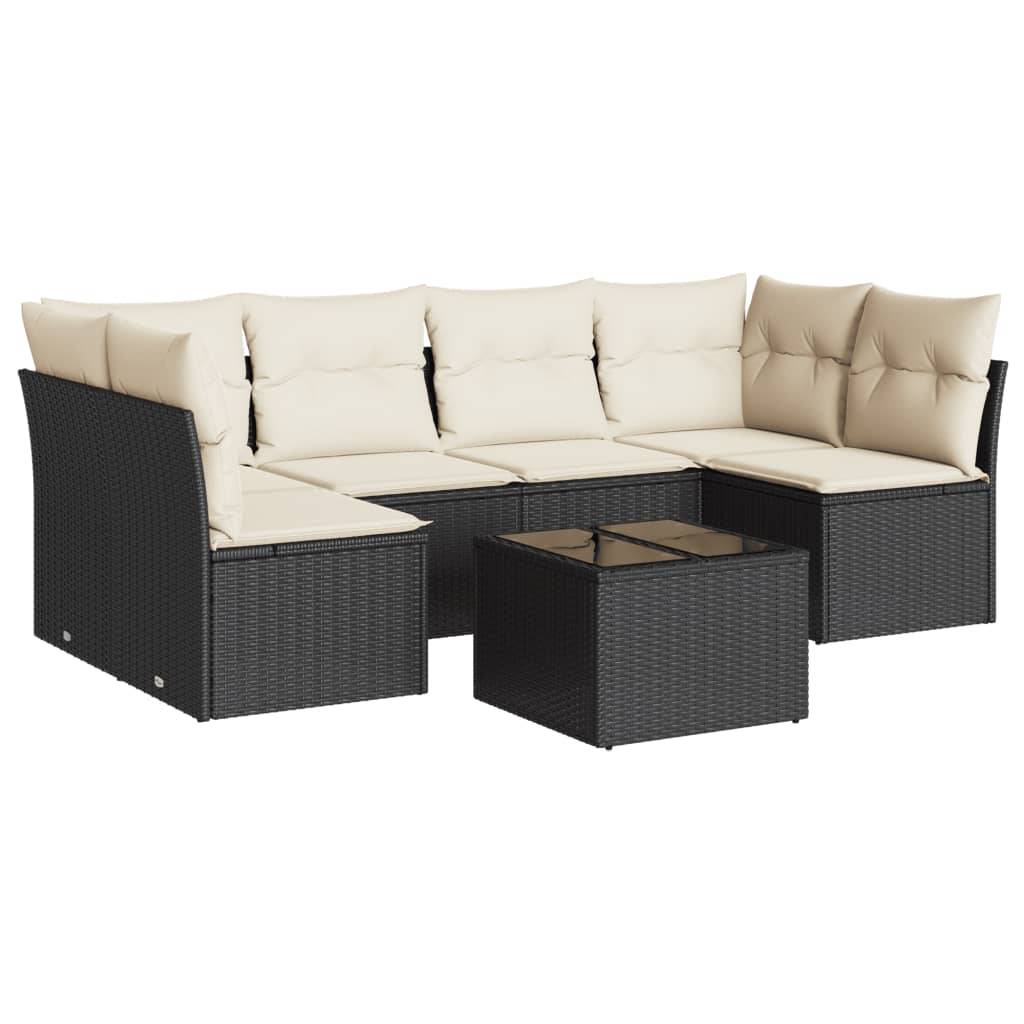 vidaXL 7-tlg. Garten-Sofagarnitur mit Kissen Schwarz Poly Rattan