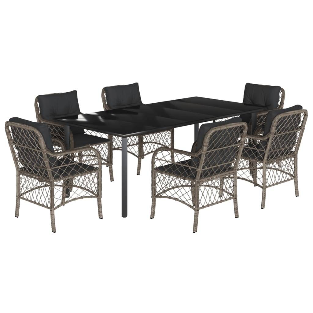 vidaXL 7-tlg. Garten-Essgruppe mit Kissen Grau Poly Rattan