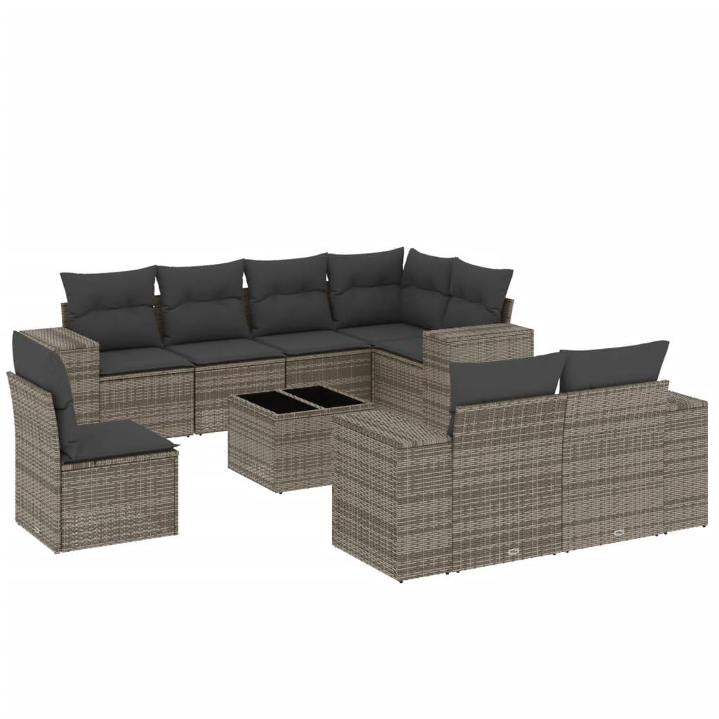 vidaXL 9-tlg. Garten-Sofagarnitur mit Kissen Grau Poly Rattan