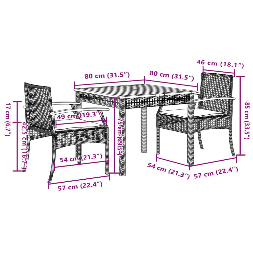 vidaXL 3-tlg. Garten-Essgruppe mit Kissen Grau Poly Rattan