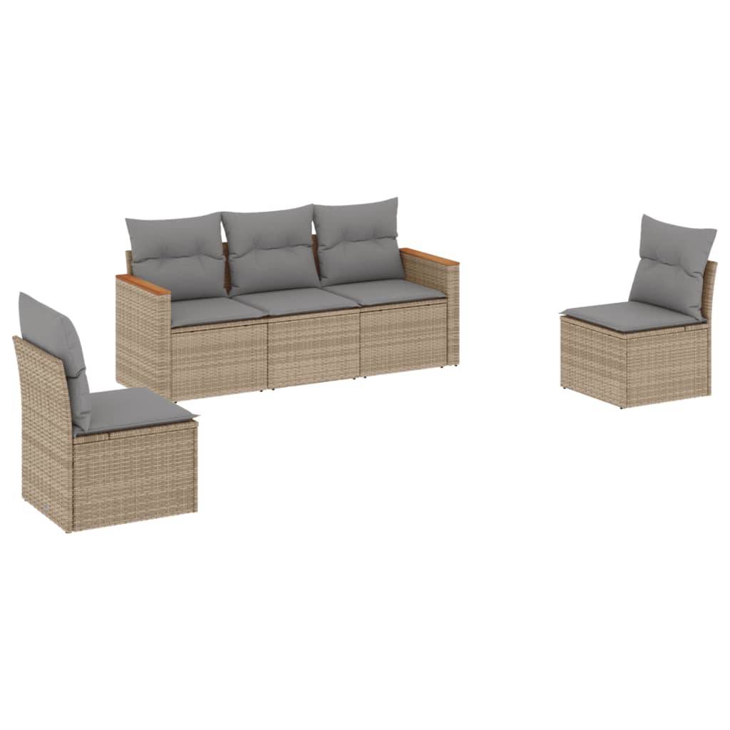 vidaXL 5-tlg. Garten-Sofagarnitur mit Kissen Beige Poly Rattan
