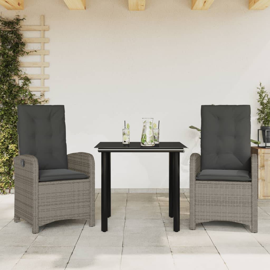 vidaXL 3-tlg. Garten-Essgruppe mit Kissen Grau Poly Rattan