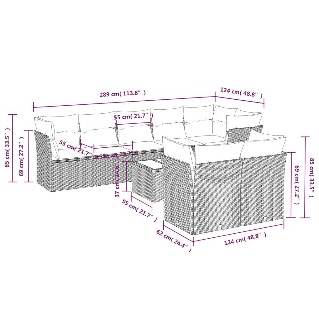 vidaXL 9-tlg. Garten-Sofagarnitur mit Kissen Braun Poly Rattan