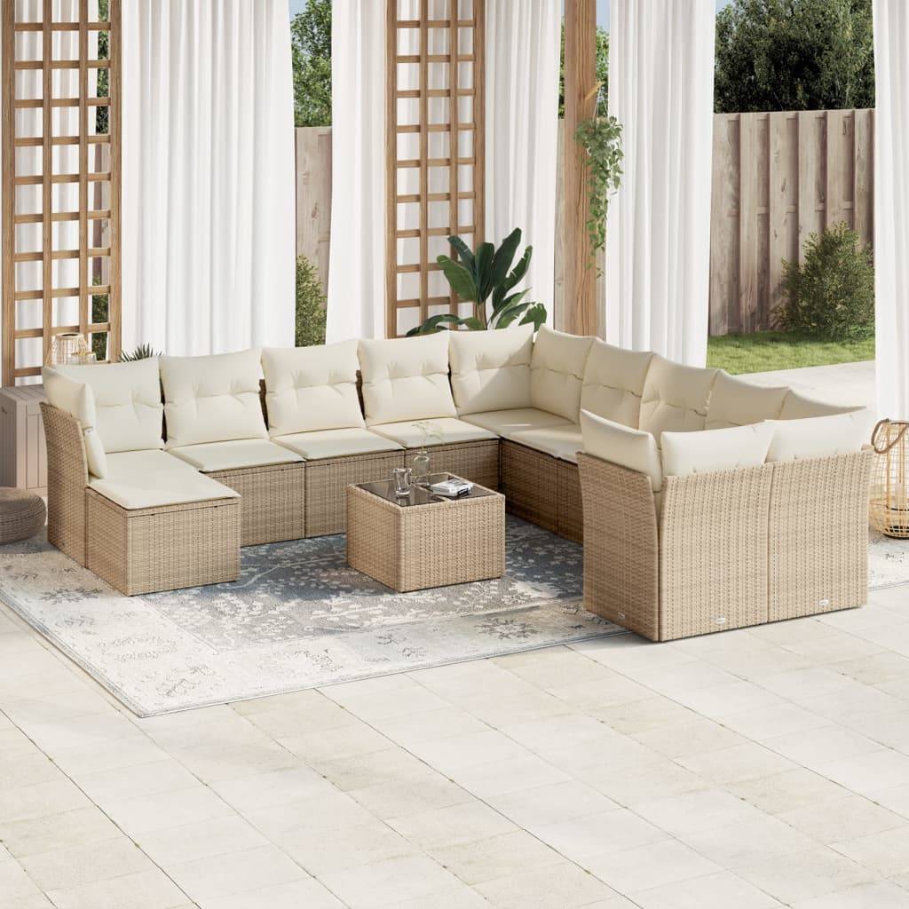 vidaXL 12-tlg. Garten-Sofagarnitur mit Kissen Beige Poly Rattan
