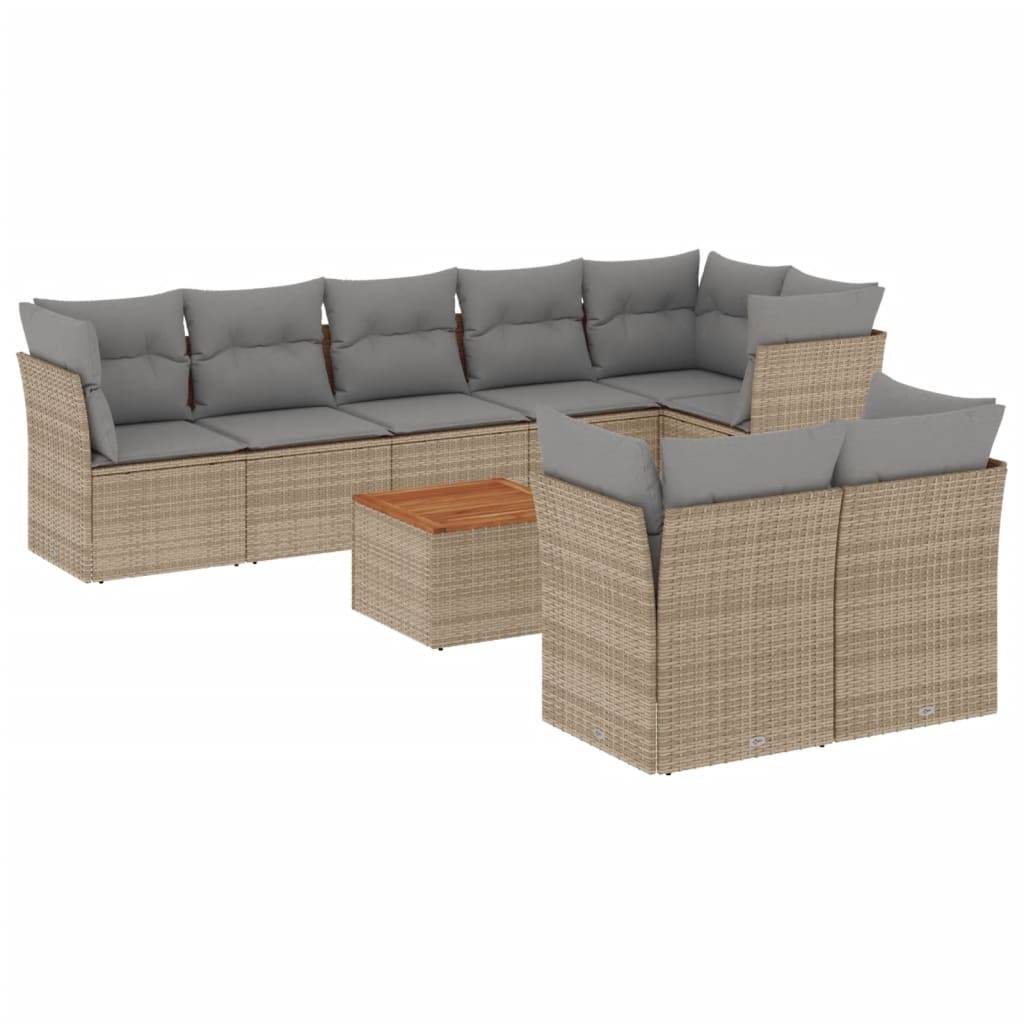 vidaXL 9-tlg. Garten-Sofagarnitur mit Kissen Beige Poly Rattan