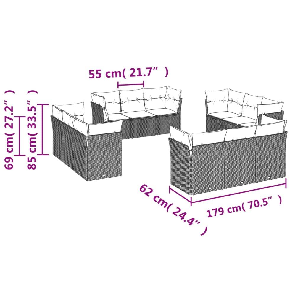 vidaXL 12-tlg. Garten-Sofagarnitur mit Kissen Braun Poly Rattan