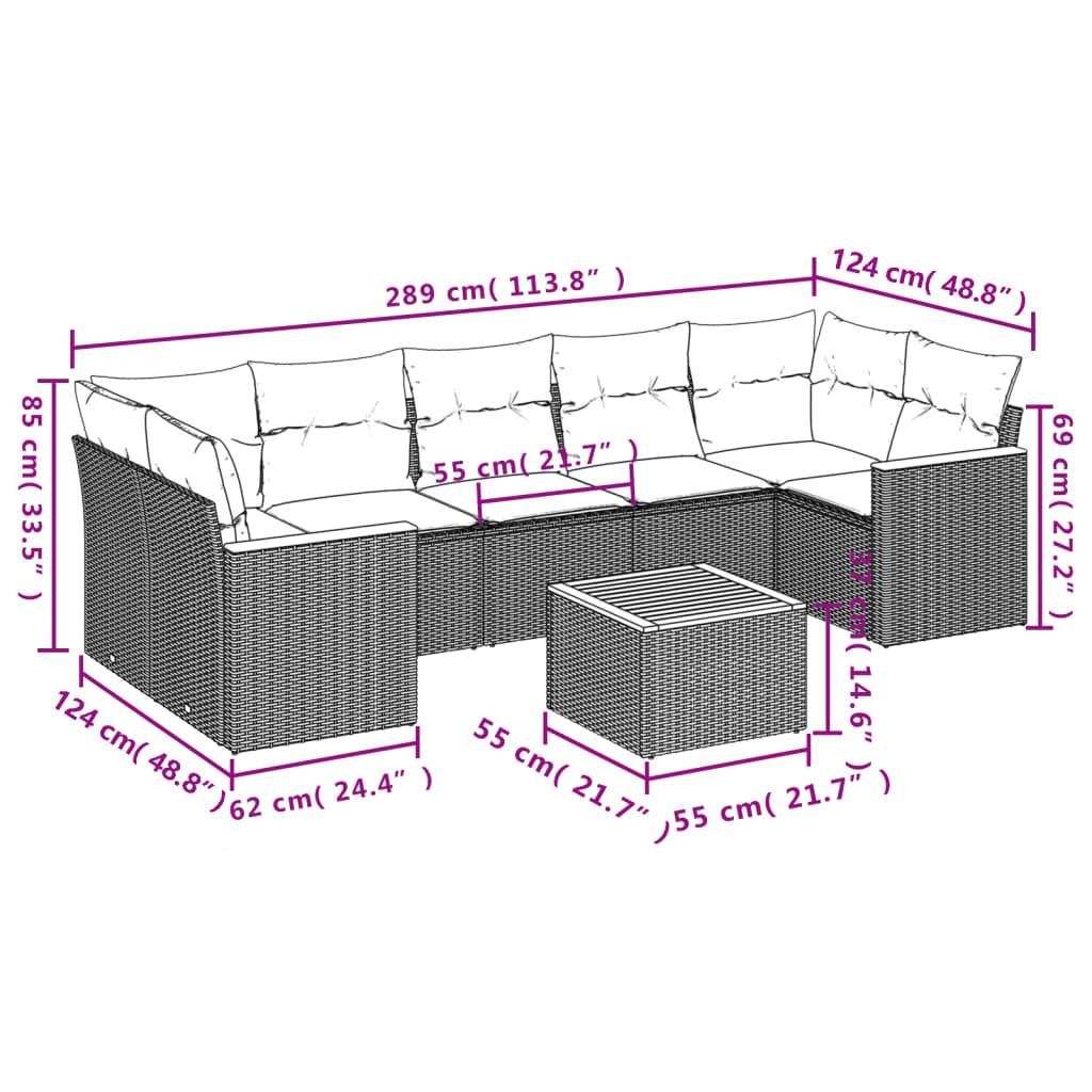 vidaXL 8-teiliges Gartensofa-Set mit Kissen, schwarzes Polyrattan