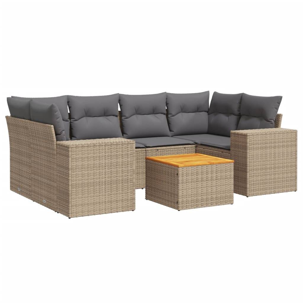 vidaXL 7-tlg. Garten-Sofagarnitur mit Kissen Beige Poly Rattan