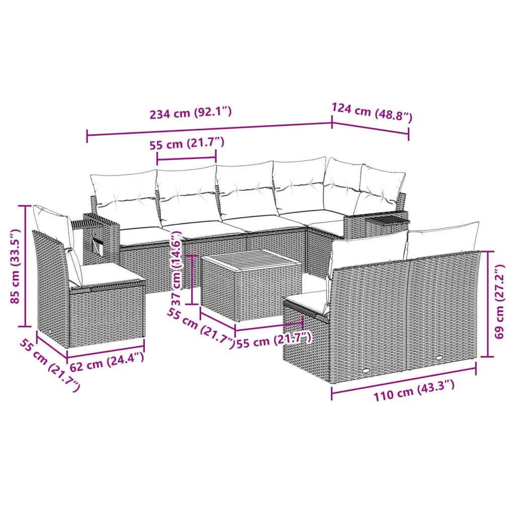vidaXL 9-tlg. Garten-Sofagarnitur mit Kissen Schwarz Poly Rattan