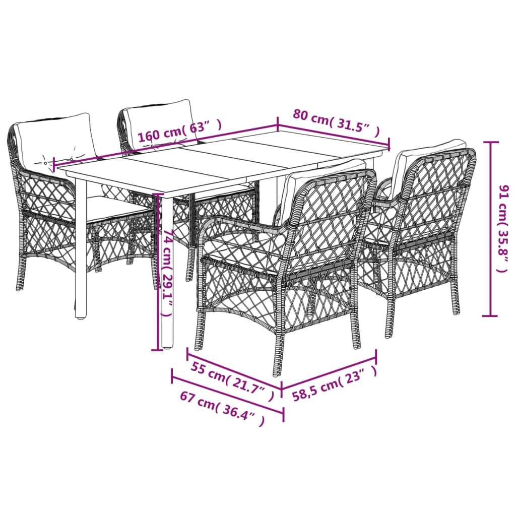 vidaXL 5-tlg. Garten-Essgruppe mit Kissen Grau Poly Rattan
