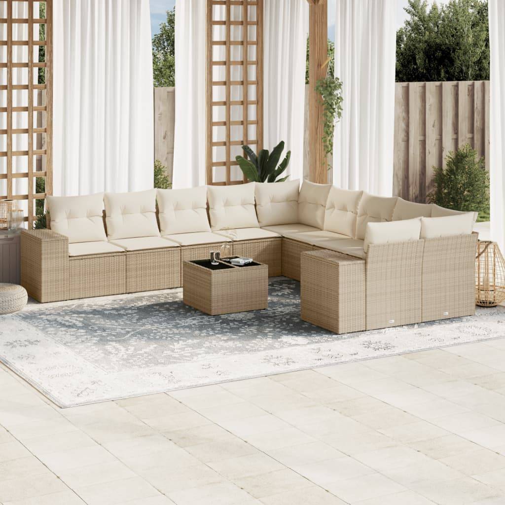 vidaXL 11-tlg. Garten-Sofagarnitur mit Kissen Beige Poly Rattan