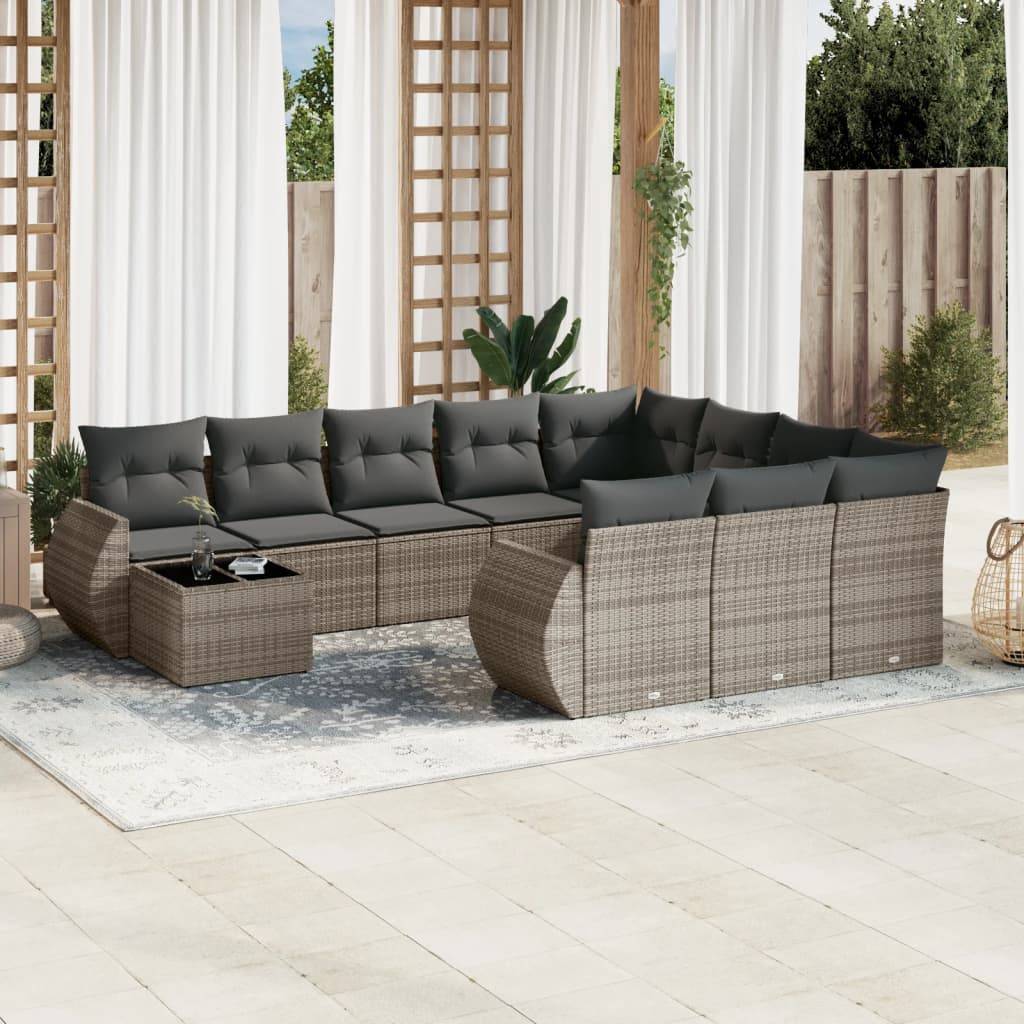 vidaXL 11-tlg. Garten-Sofagarnitur mit Kissen Grau Poly Rattan