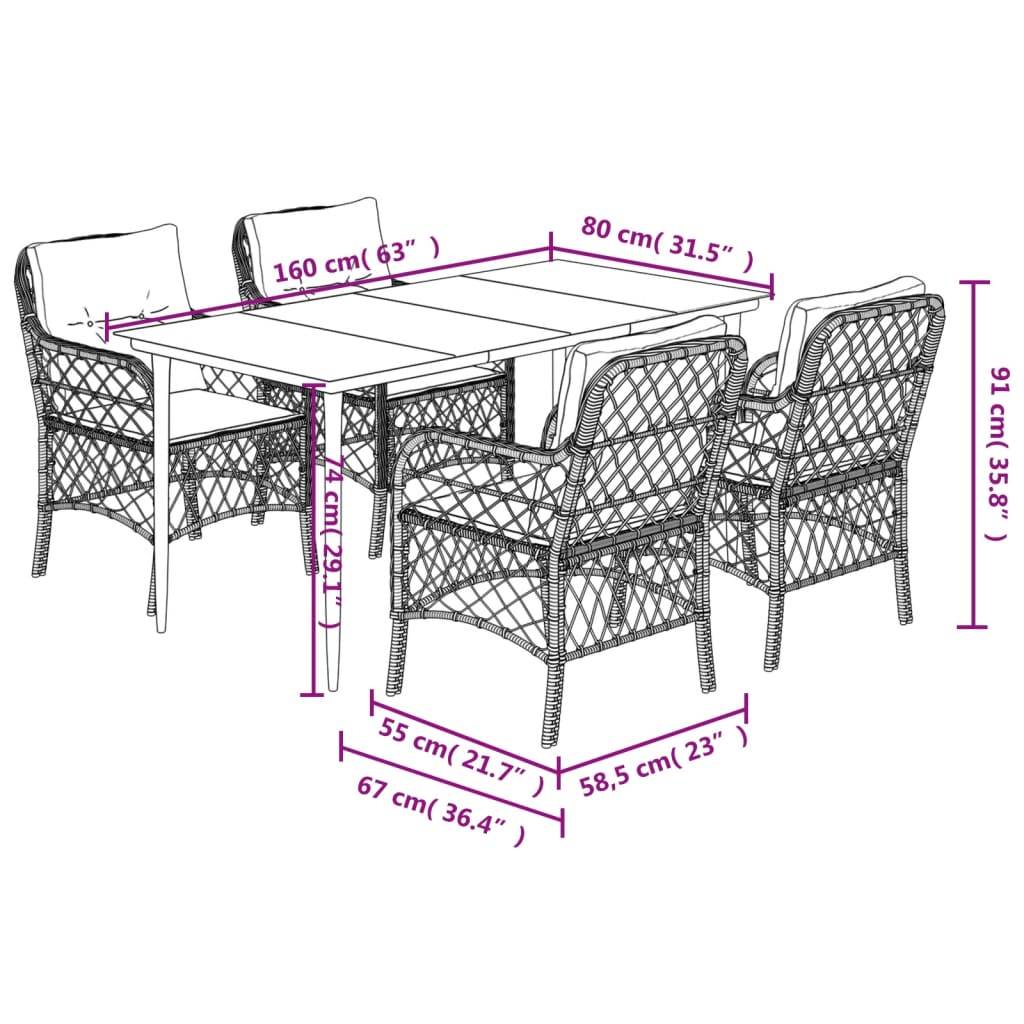 vidaXL 5-tlg. Garten-Essgruppe mit Kissen Braun Poly Rattan