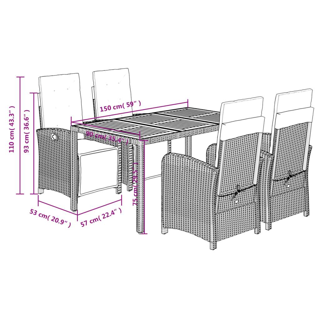 vidaXL 5-tlg. Garten-Essgruppe mit Kissen Grau Poly Rattan