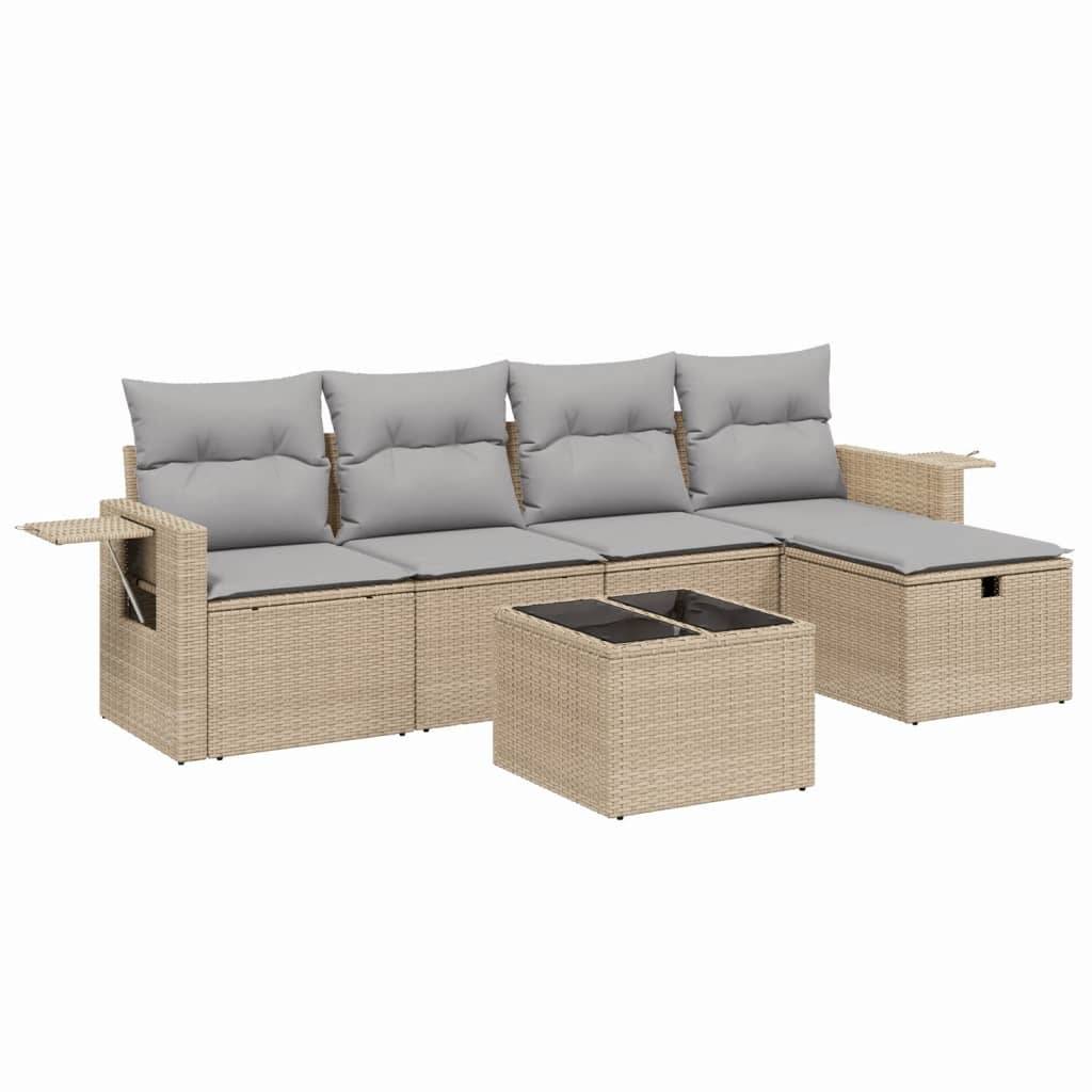 vidaXL 6-tlg. Garten-Sofagarnitur mit Kissen Beige Poly Rattan