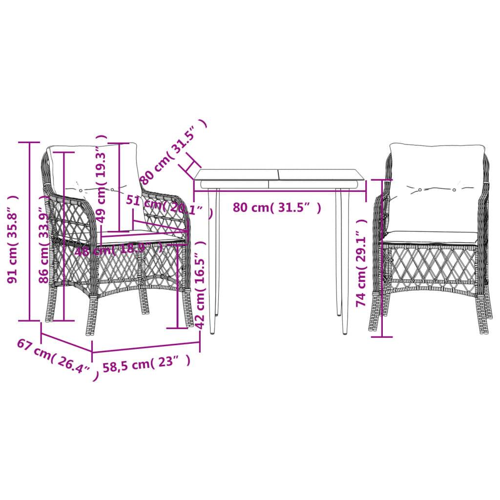 vidaXL 3-tlg. Bistro-Set mit Kissen Beige Poly Rattan
