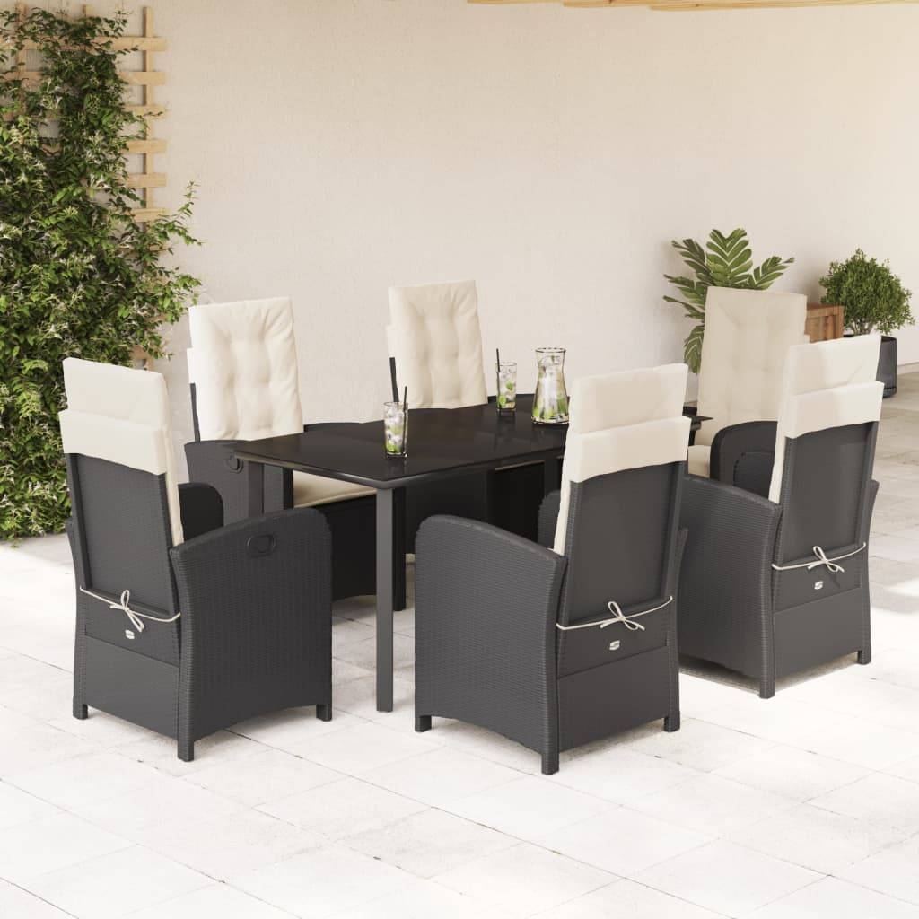 vidaXL 7-tlg. Garten-Essgruppe mit Kissen Schwarz Poly Rattan