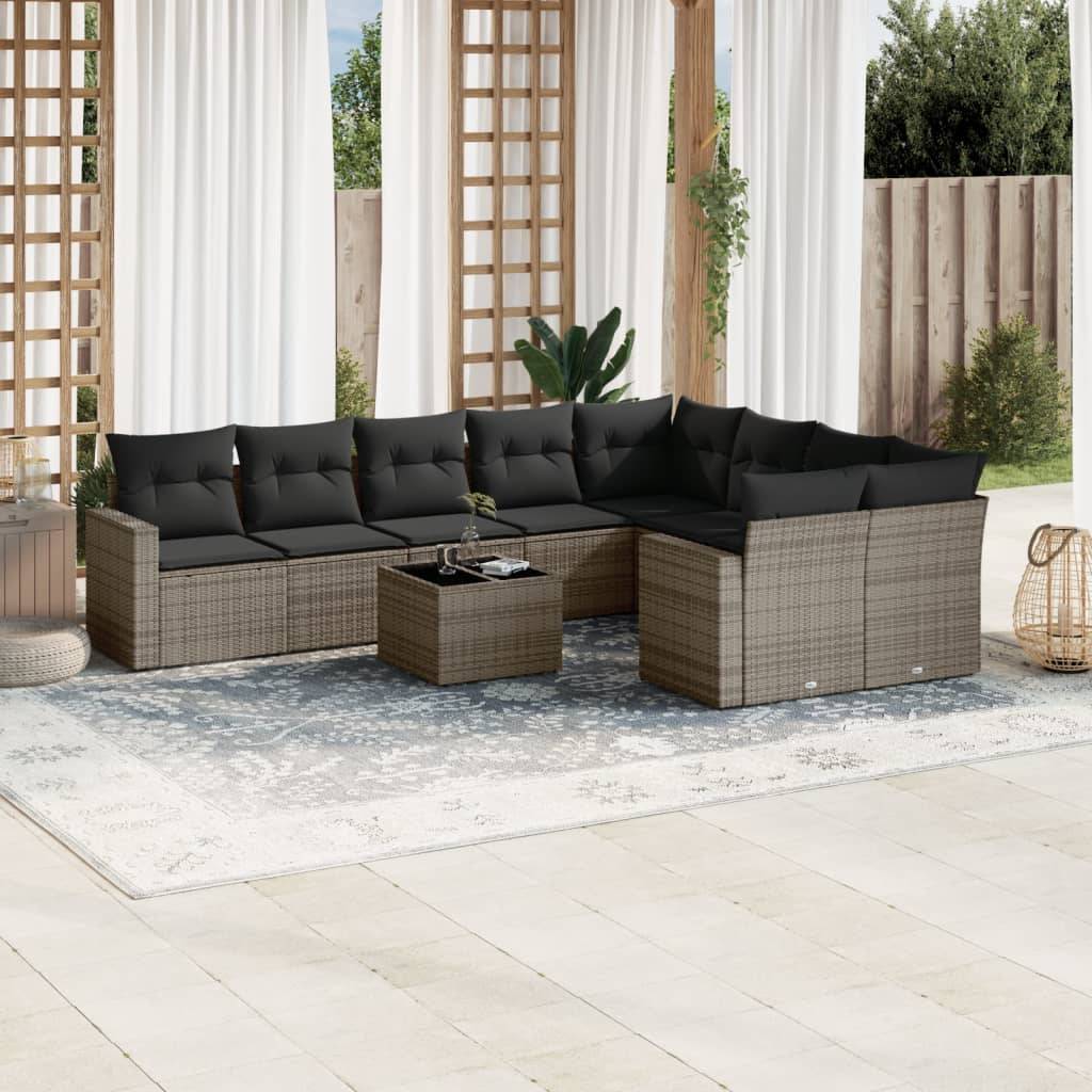 vidaXL 10-tlg. Garten-Sofagarnitur mit Kissen Grau Poly Rattan