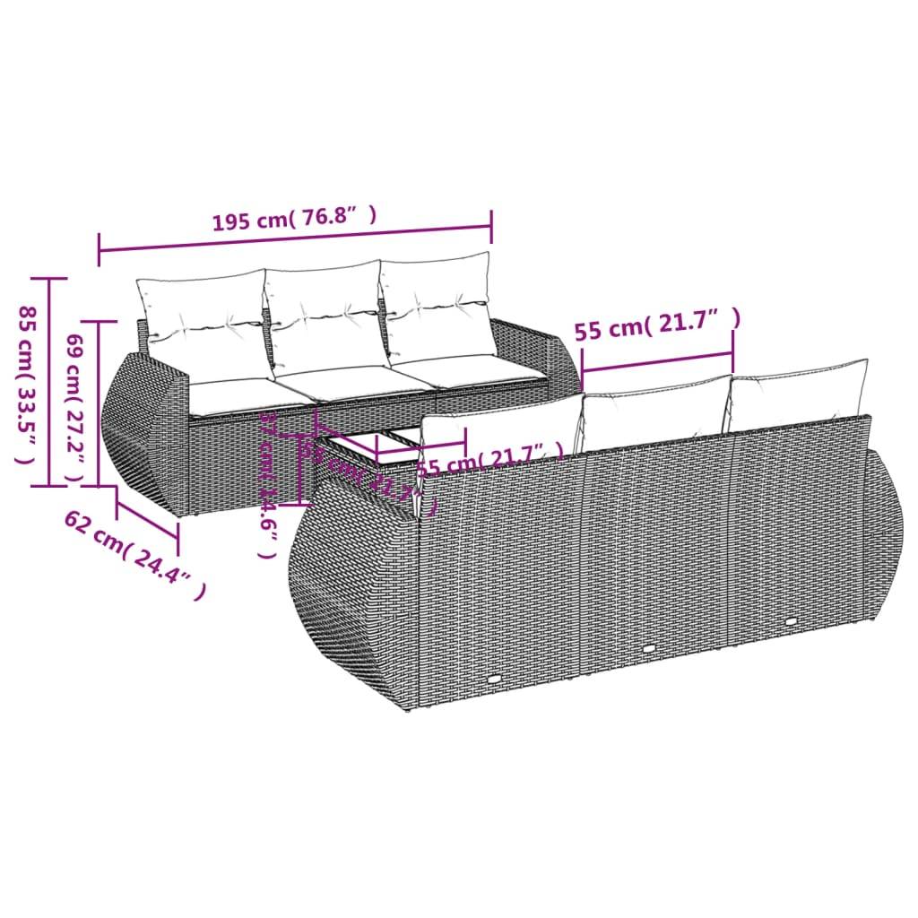 vidaXL 7-tlg. Garten-Sofagarnitur mit Kissen Hellgrau Poly Rattan
