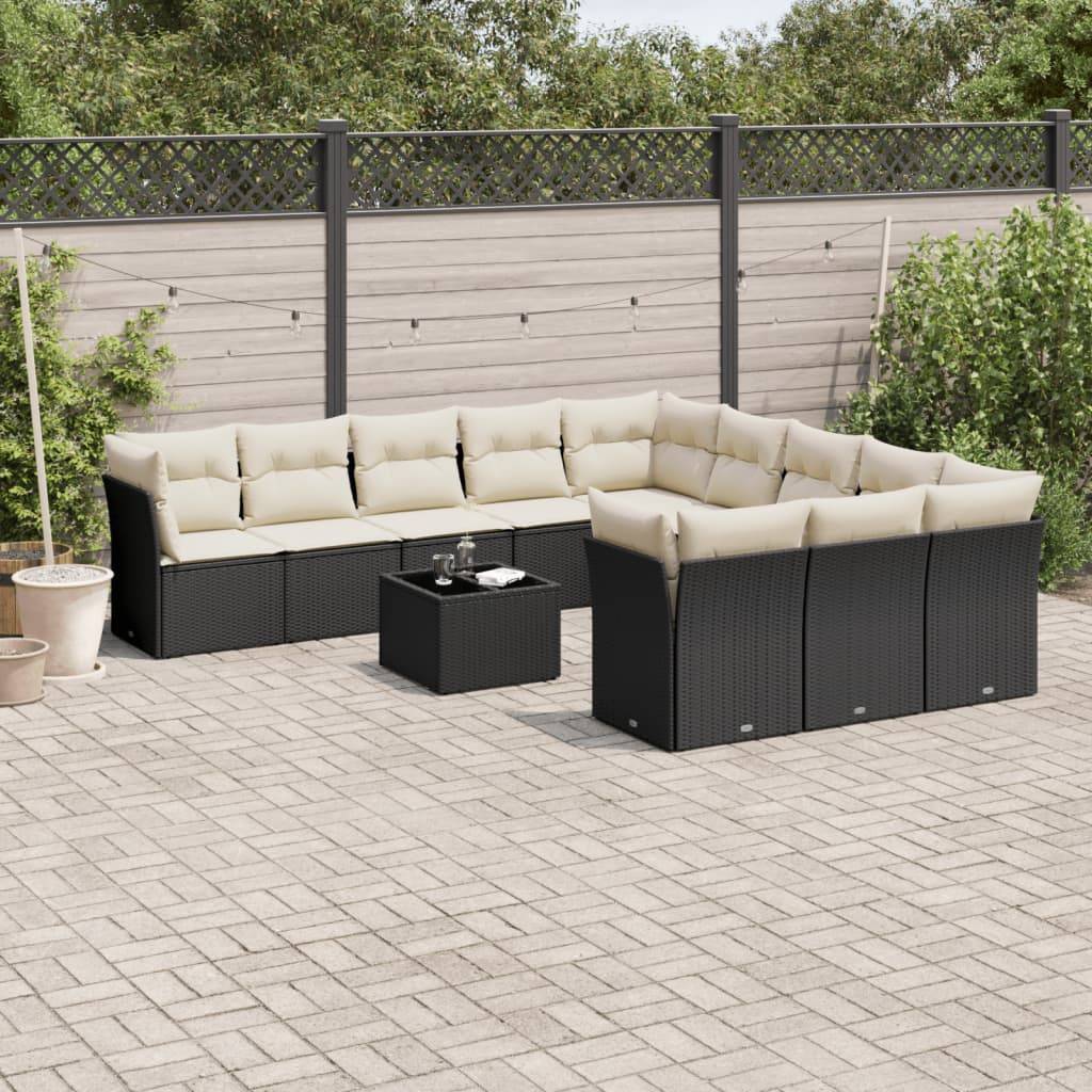 vidaXL 12-tlg. Garten-Sofagarnitur mit Kissen Schwarz Poly Rattan