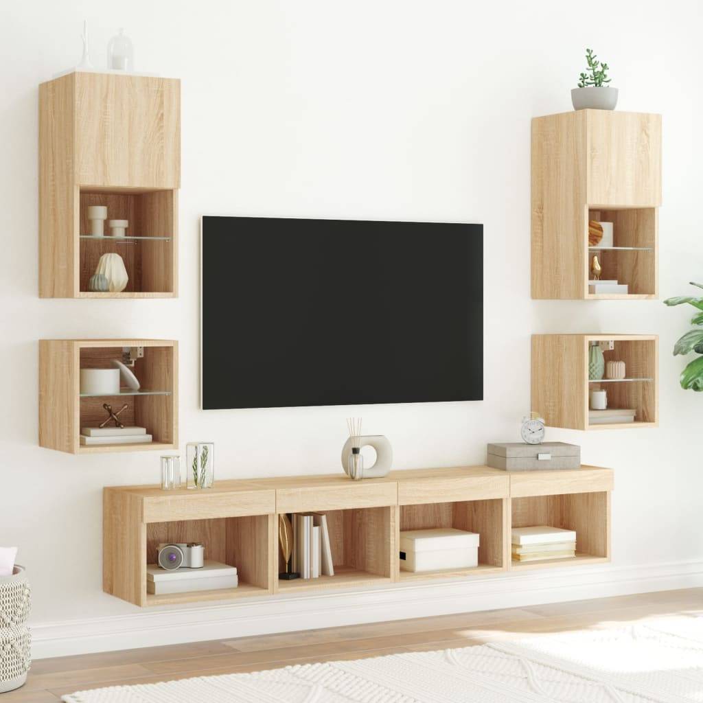 vidaXL 8-tlg. Wohnwand mit LED-Beleuchtung Sonoma-Eiche Holzwerkstoff