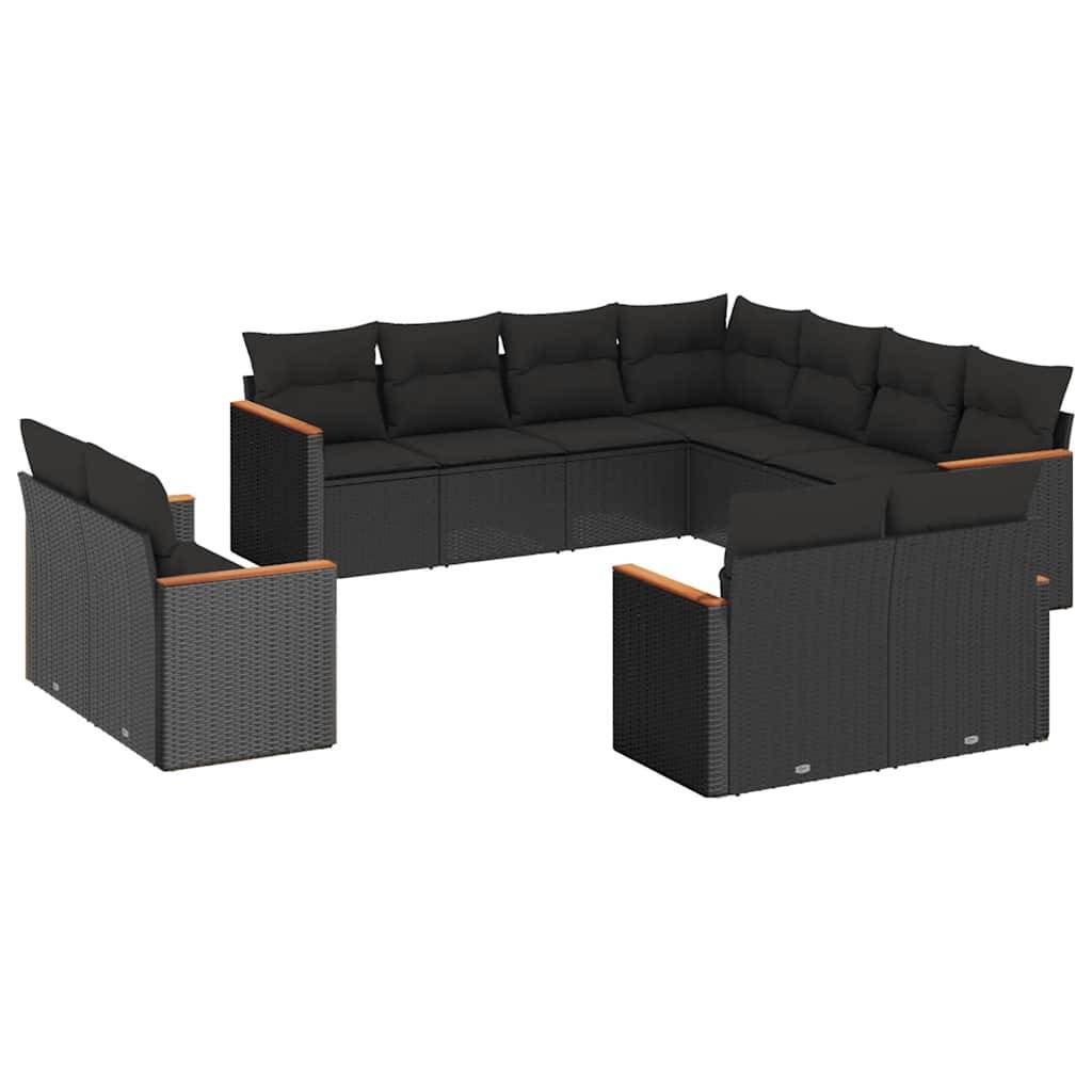 vidaXL 11-tlg. Garten-Sofagarnitur mit Kissen Schwarz Poly Rattan